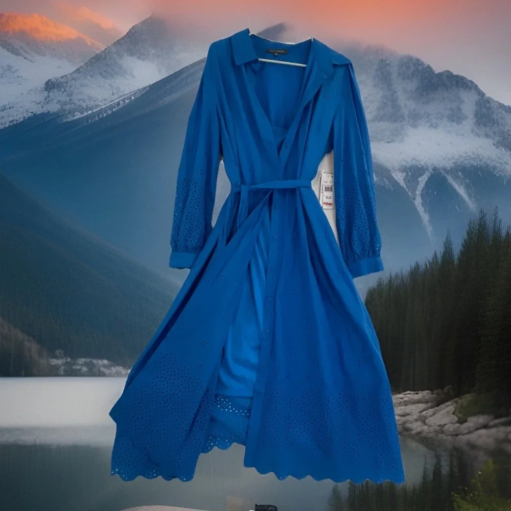 NWT Julia Jordan Women's Sz XL Long-Sleeve Layered Cotton Eyelet Midi Dress Blue